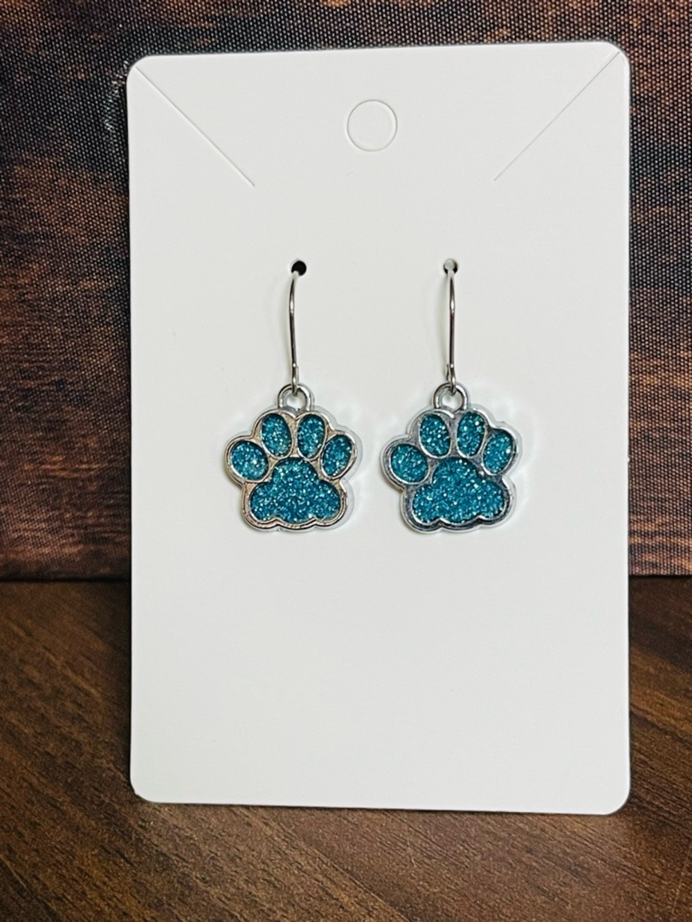 Teal Glitter Paw Print Dangle Earrings
